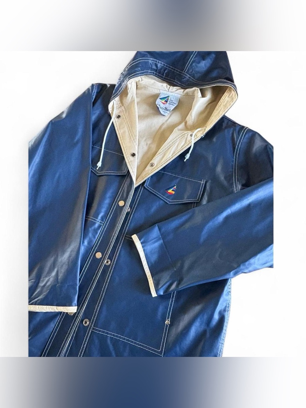 Vtg Misty Harbor Navy Blue Rain Coat L Snap Vinyl Waterproof Outdoor Nautical 90